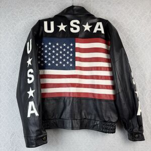 Vtg Leather Bomber Jacket Mens Medium Black USA Flag Biker Grunge Flight 80s 90s